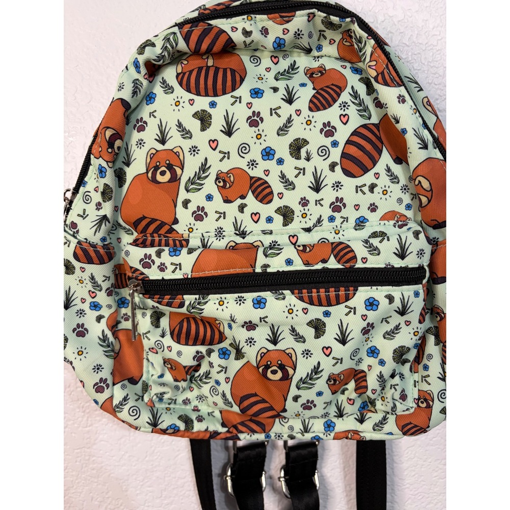 Red Panda Print Mini Backpack Mint Green Animal Theme Canvas Daypack - Picture 2 of 5